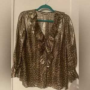 Alice + Olivia Black and Gold Silk Ruffle Blouse